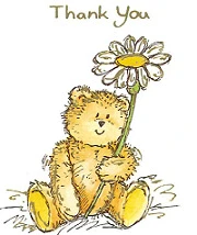 Hand drawn teddy bear holding a flower with the words Thank You