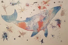 Watercolour of a whale with coloured paint splashes around it