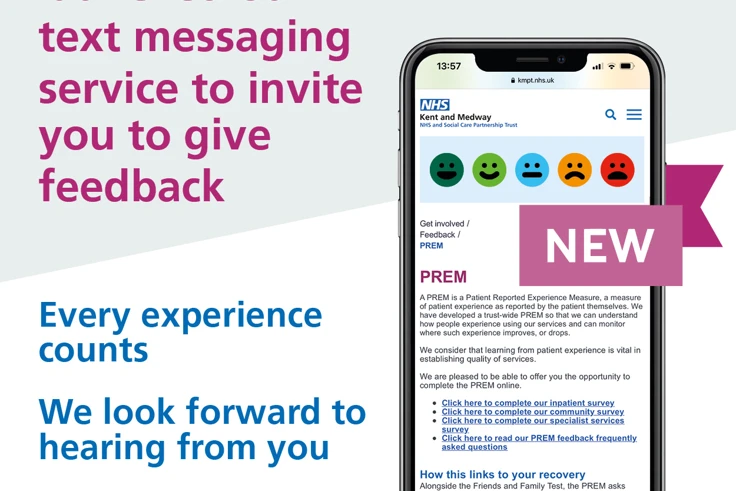 An image of the new prem text messaging service displayed on the phone. Text reads we've launched out text messaging service to invite you to give feedback. Every experience counts, we look forward to hearing from you. 