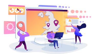 Cartoon people working with a map of the UK behind them on a screen