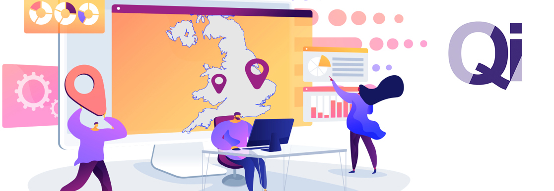 Cartoon people working with a map of the UK behind them on a screen