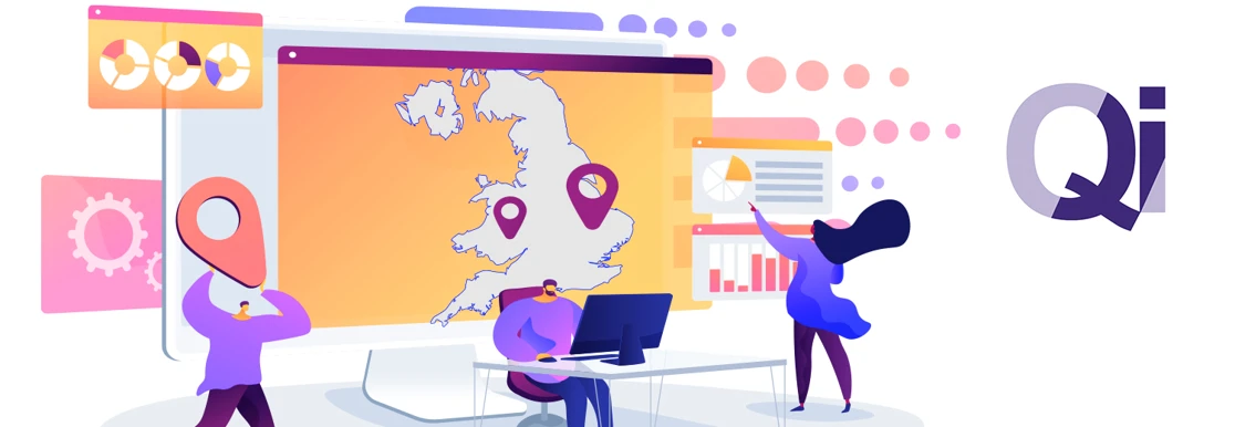 Cartoon people working with a map of the UK behind them on a screen