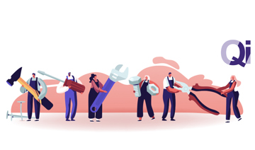 Cartoon people holding hand tools