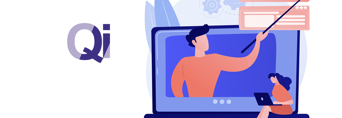 Cartoon lady watching a video on her laptop. The video content can be seen in the background as a large laptop