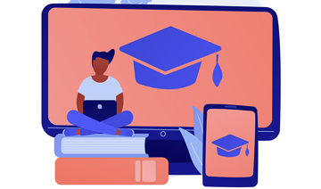 Cartoon person sitting on a pile of book with her laptop