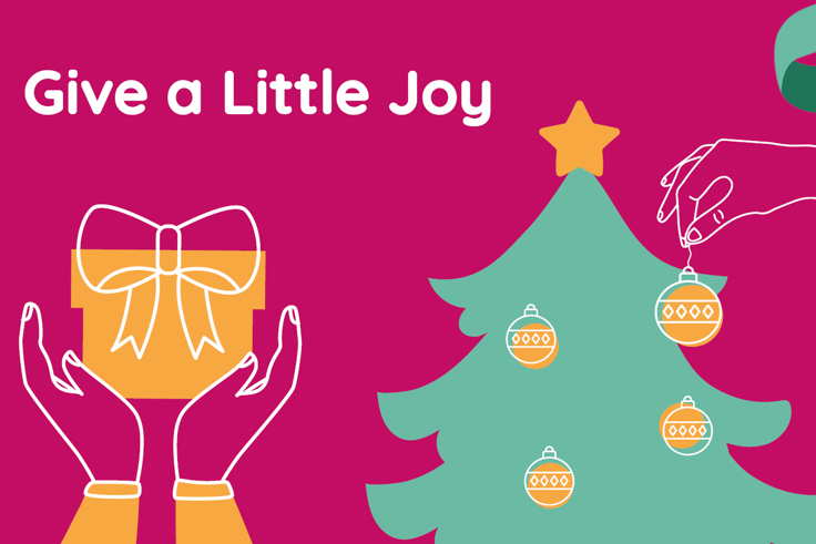Illustration of a present and Christmas tree with the text 'Give a Little Joy'